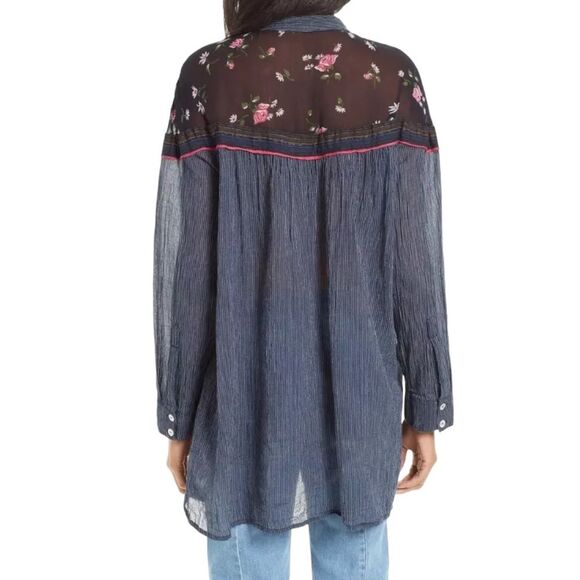 Free People Hearts & Colors Navy Stripe Pink Floral Top Blouse Tunic Size Medium - Picture 4 of 15
